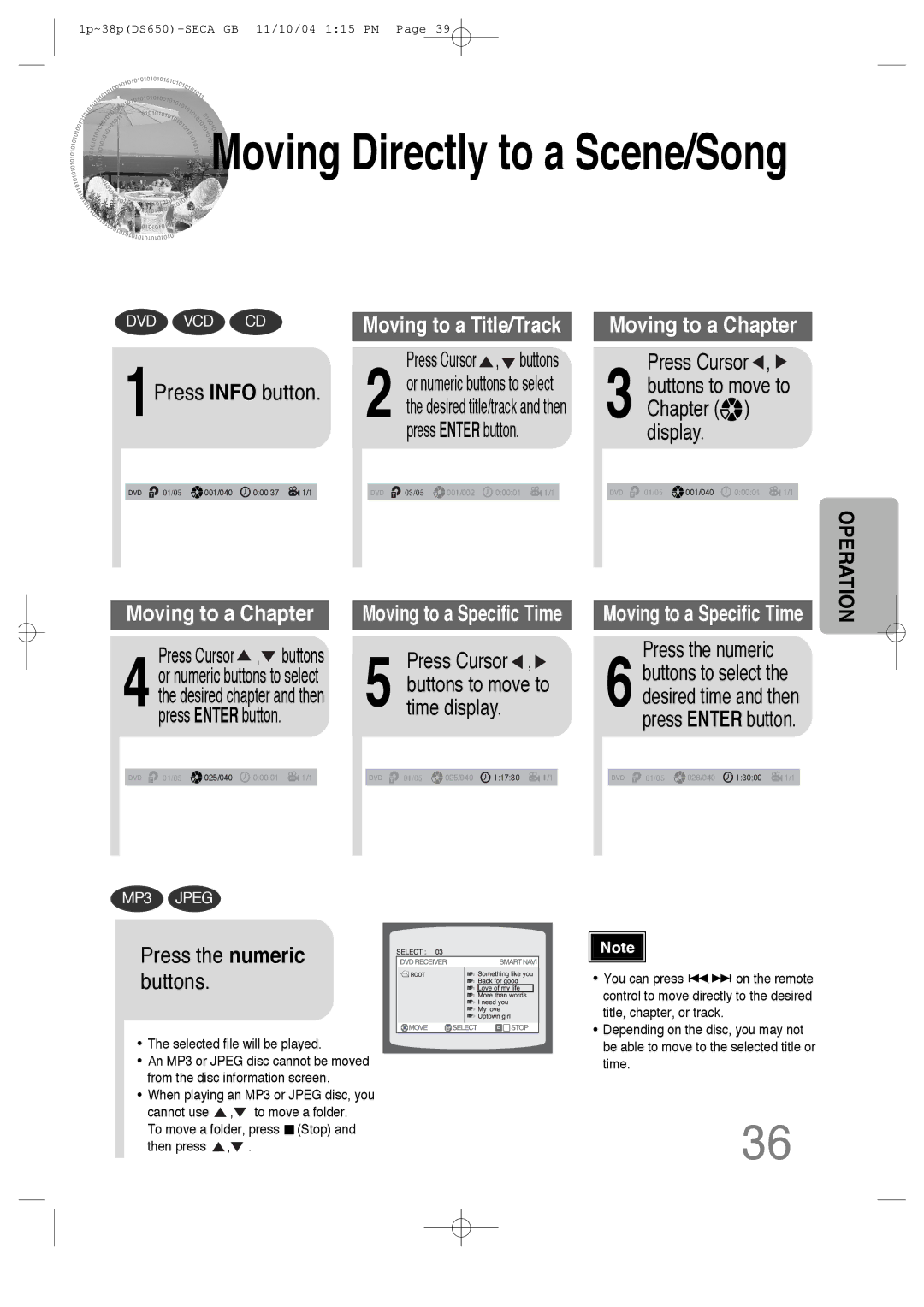 Samsung HT-DS650 instruction manual 1Press Info button, Press Cursor , buttons, Time display, Press the numeric 