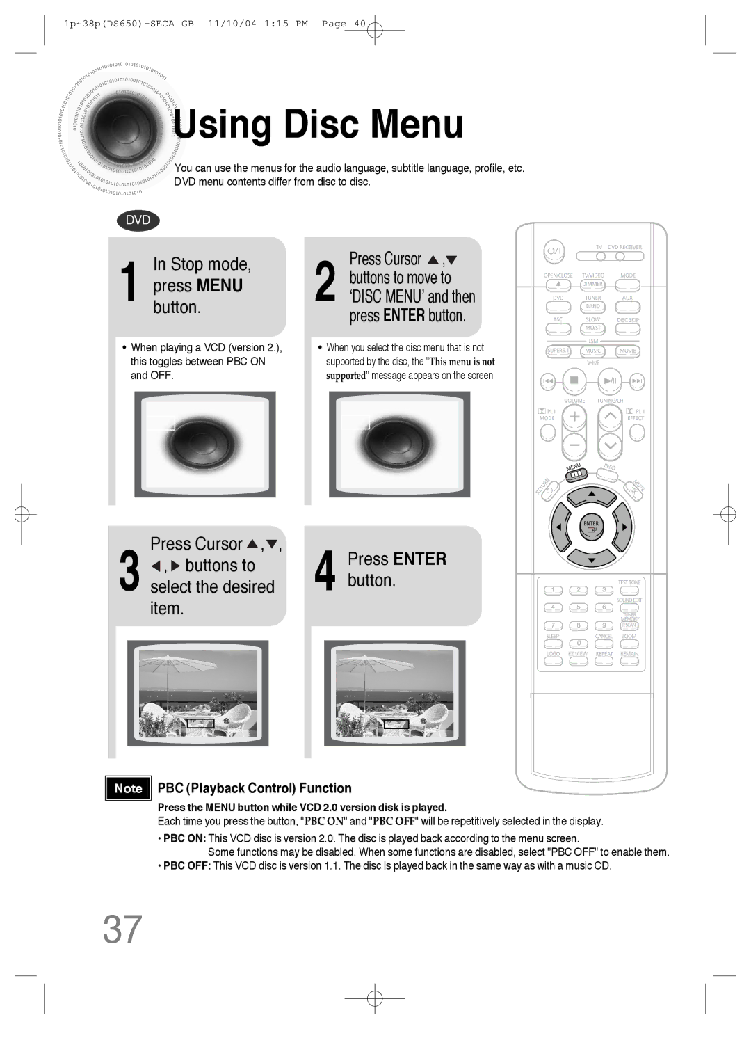 Samsung HT-DS650 instruction manual Using Disc Menu, Stop mode, Buttons to 