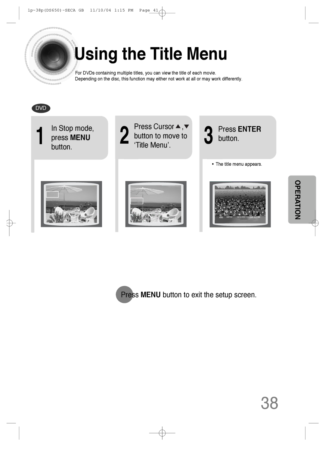 Samsung HT-DS650 Using the Title Menu, Button to move to ‘Title Menu’, Press Menu button to exit the setup screen 