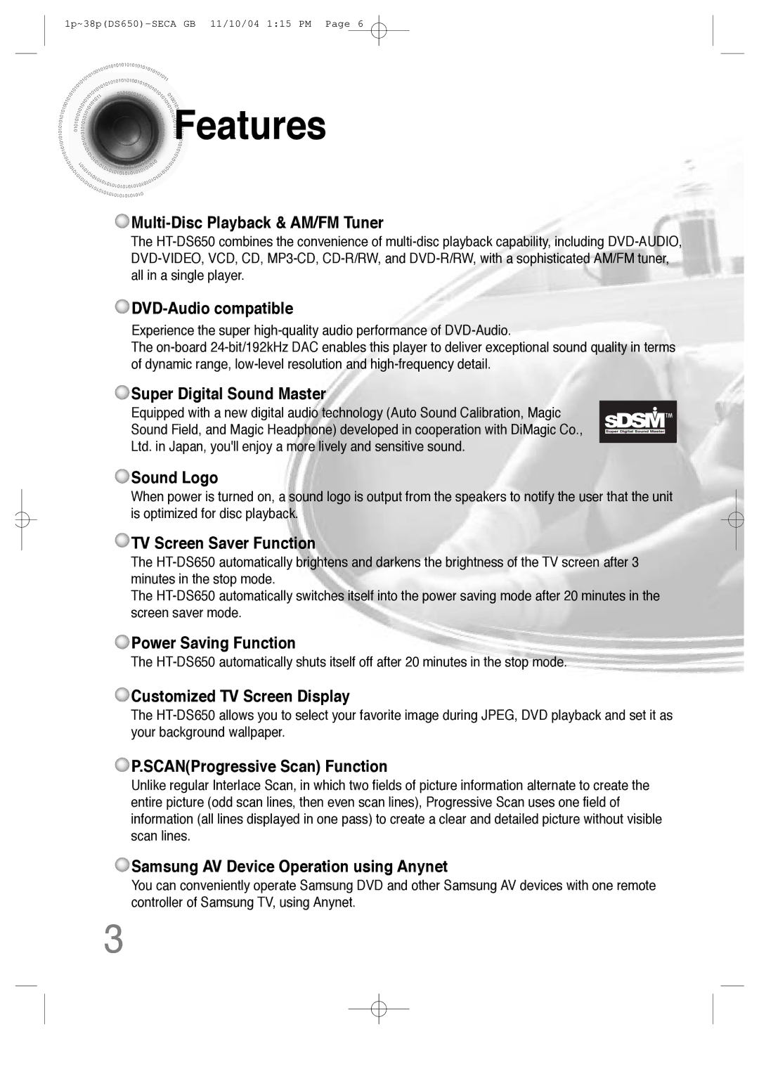 Samsung HT-DS650 instruction manual Features, Multi-Disc Playback & AM/FM Tuner 