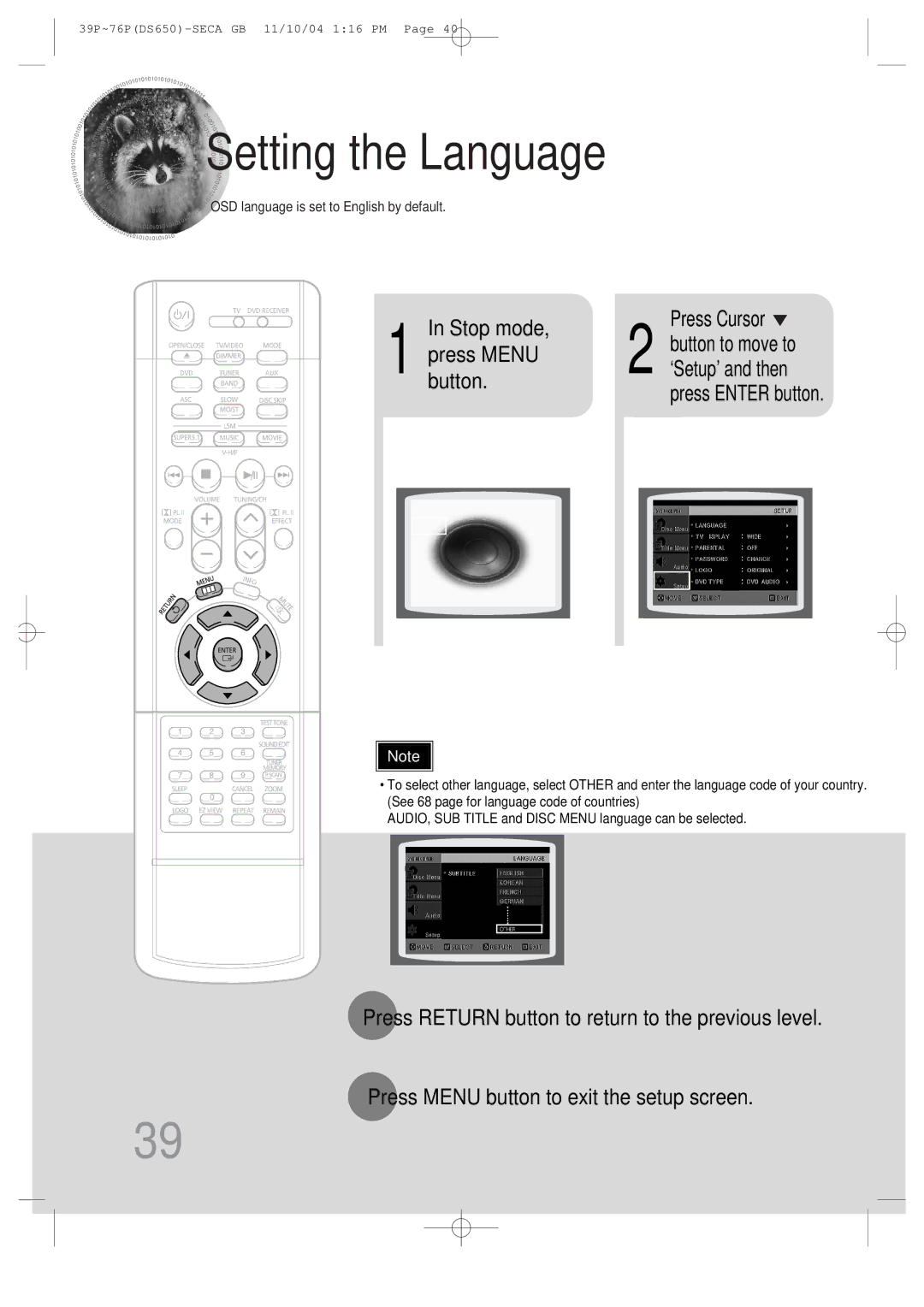 Samsung HT-DS650 instruction manual Setting the Language, Stop mode Press Cursor 