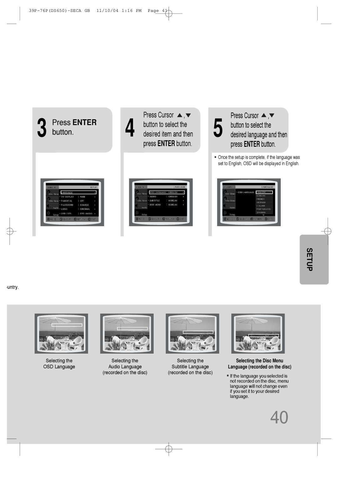 Samsung HT-DS650 instruction manual Press Enter button 