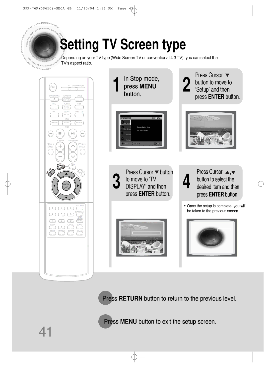 Samsung HT-DS650 instruction manual Setting TV Screen type, Press Cursor button 