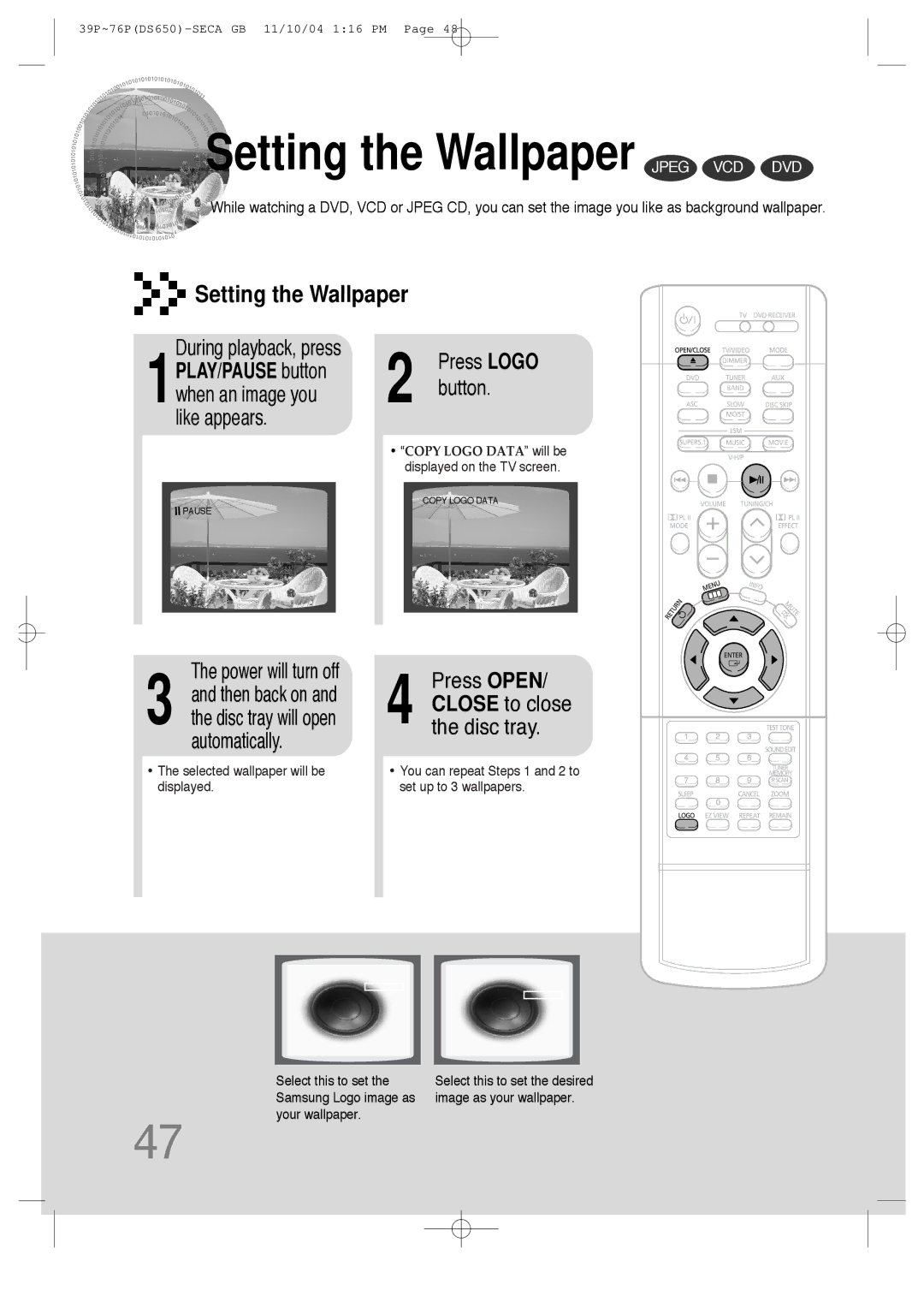 Samsung HT-DS650 instruction manual Setting the Wallpaper Jpeg VCD DVD, During playback, press 