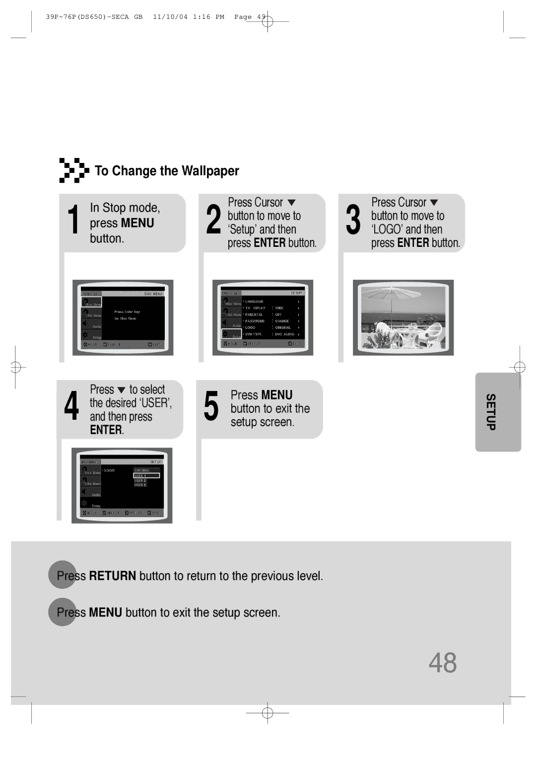 Samsung HT-DS650 To Change the Wallpaper, Stop mode Press Cursor Button to move to, ‘Setup’ and then, Then press 