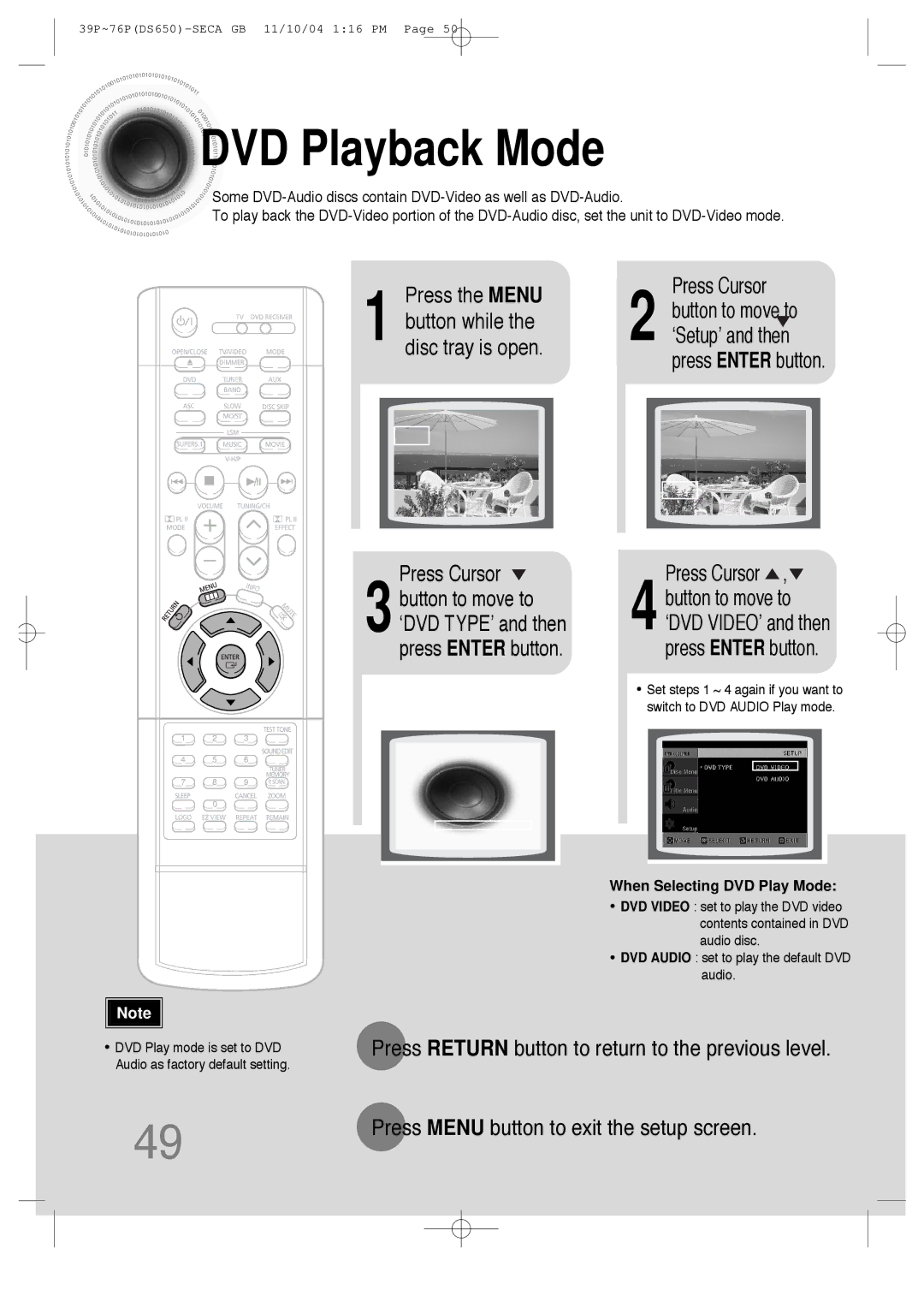 Samsung HT-DS650 instruction manual DVD Playback Mode, Press the Menu, Press Return button to return to the previous level 