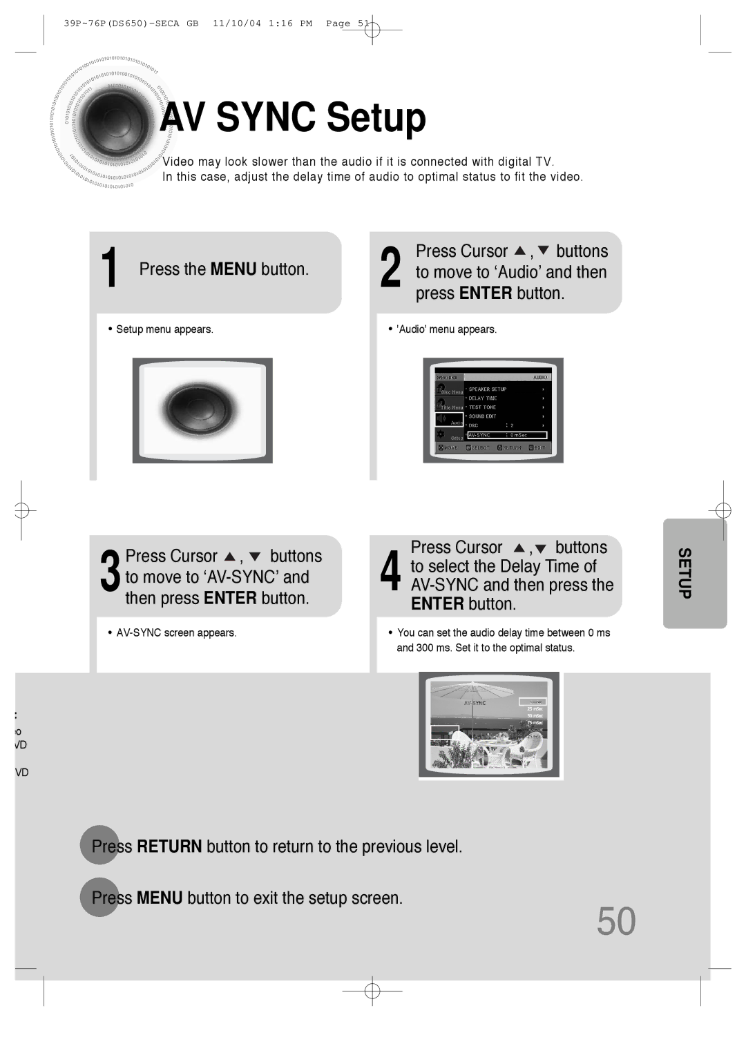 Samsung HT-DS650 instruction manual AV Sync Setup, Press the Menu button Press Cursor , buttons 