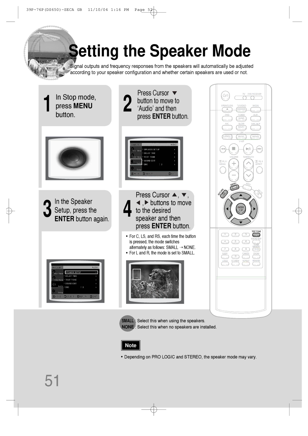 Samsung HT-DS650 instruction manual Setting the Speaker Mode, Press Enter button Press Cursor 