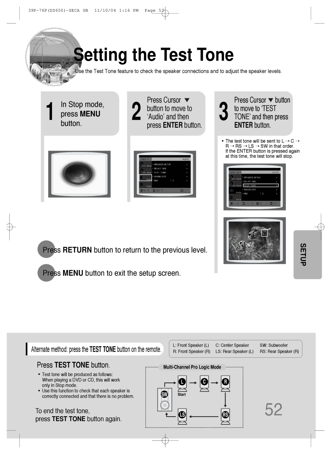 Samsung HT-DS650 instruction manual Setting the Test Tone, Press Menu ‘Audio’ and then, Press Test Tone button 