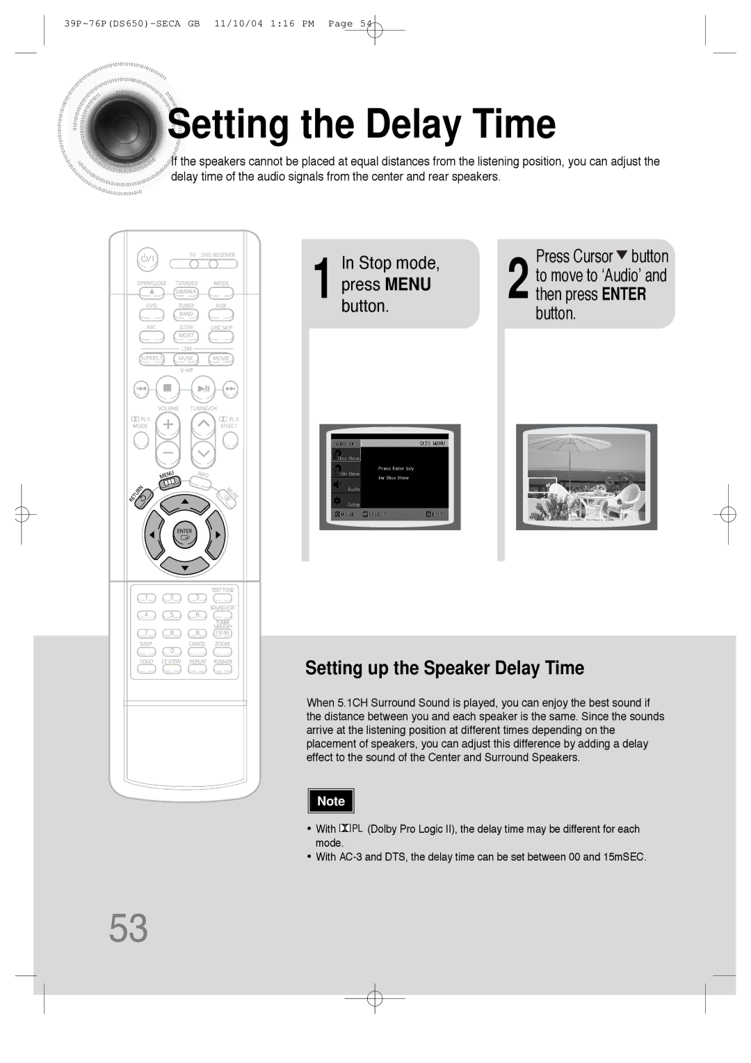 Samsung HT-DS650 instruction manual Setting the Delay Time, Setting up the Speaker Delay Time 