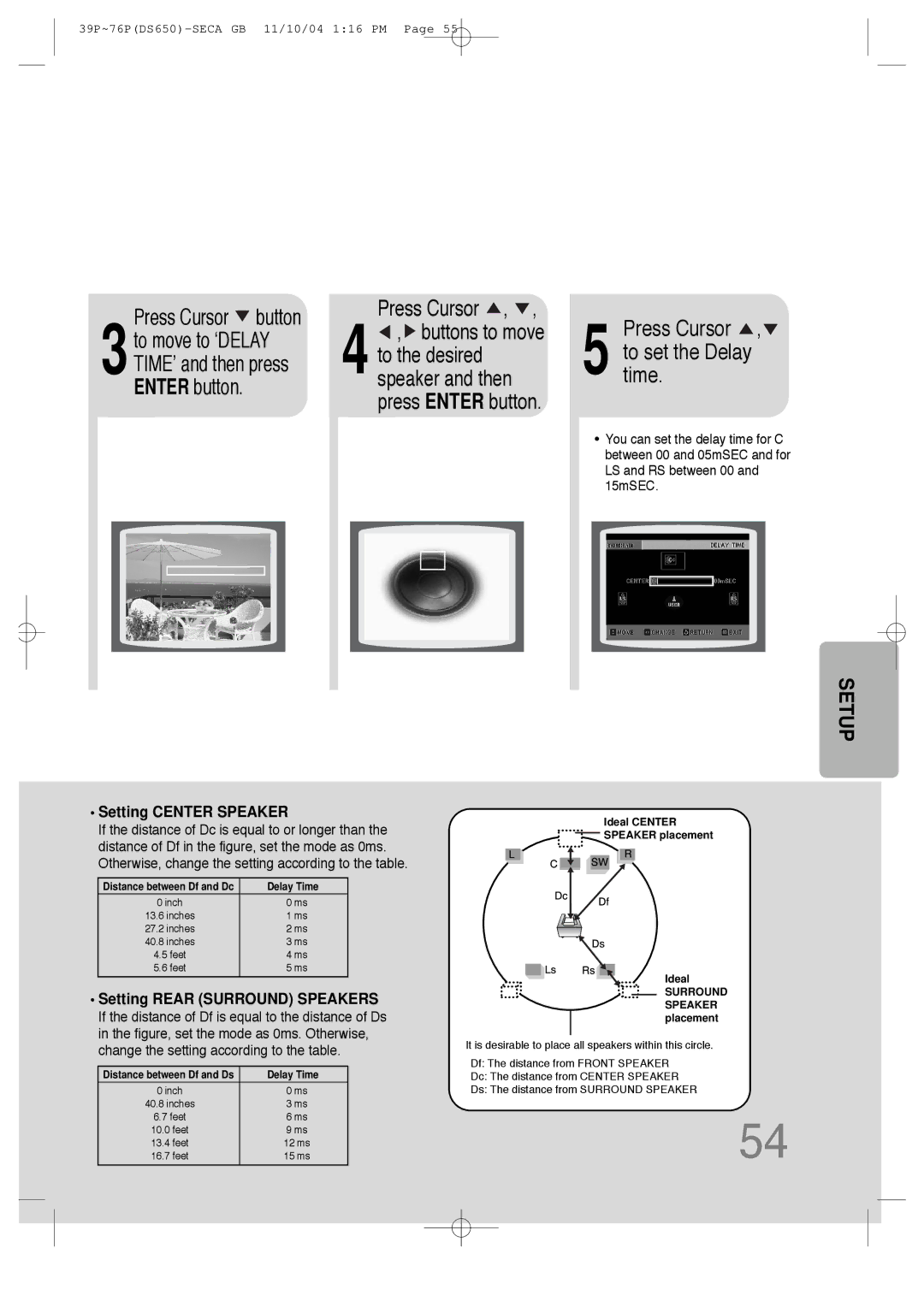 Samsung HT-DS650 instruction manual Setting Center Speaker, Setting Rear Surround Speakers 