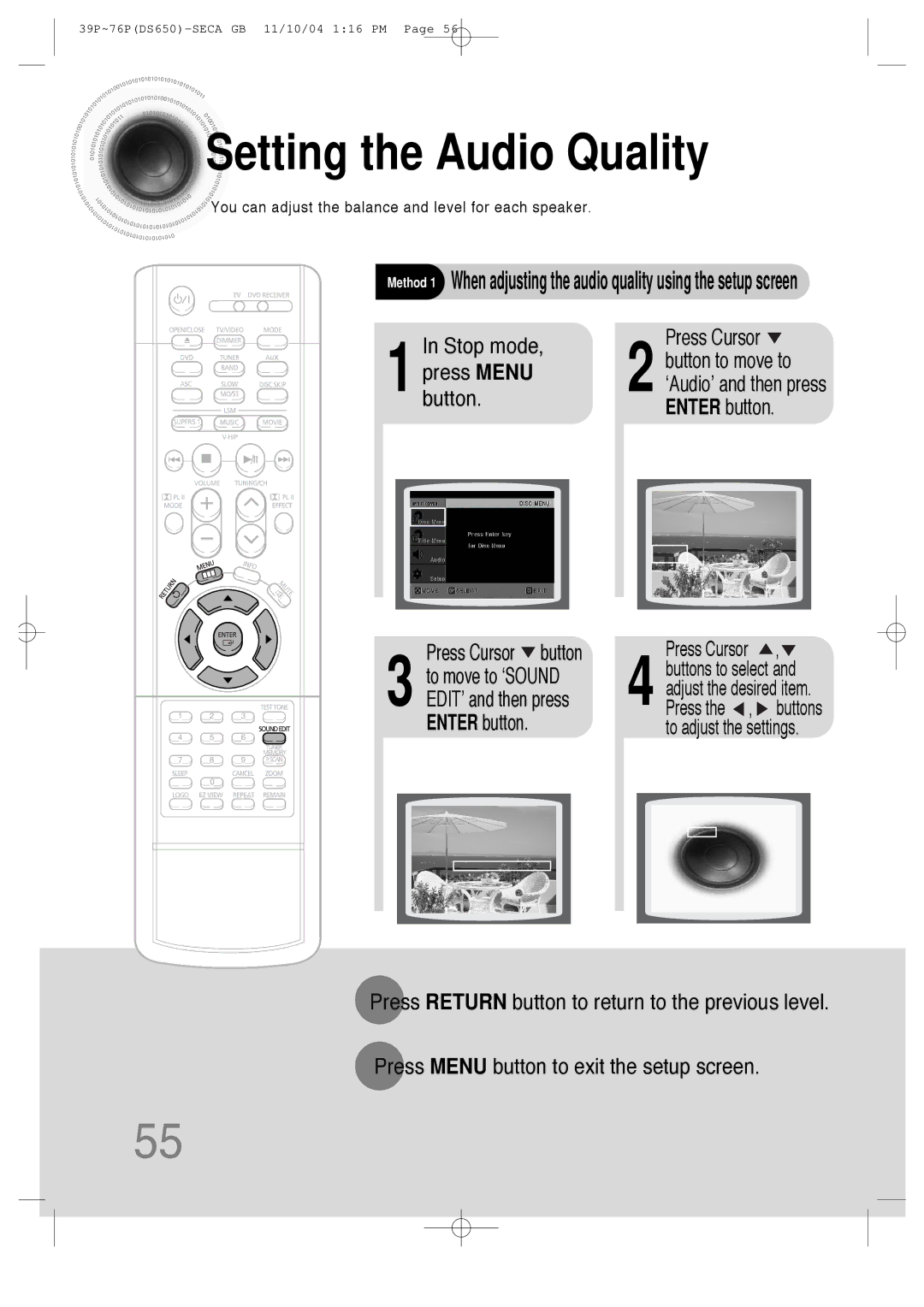 Samsung HT-DS650 instruction manual Setting the Audio Quality, Stop mode Press Cursor 