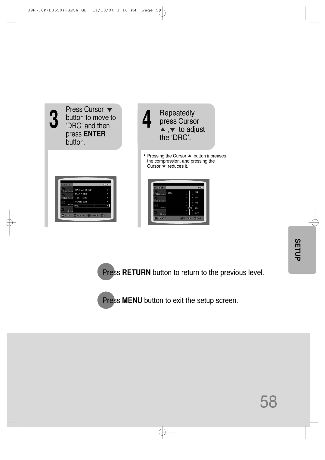 Samsung HT-DS650 instruction manual Repeatedly press Cursor , to adjust the ‘DRC’ 