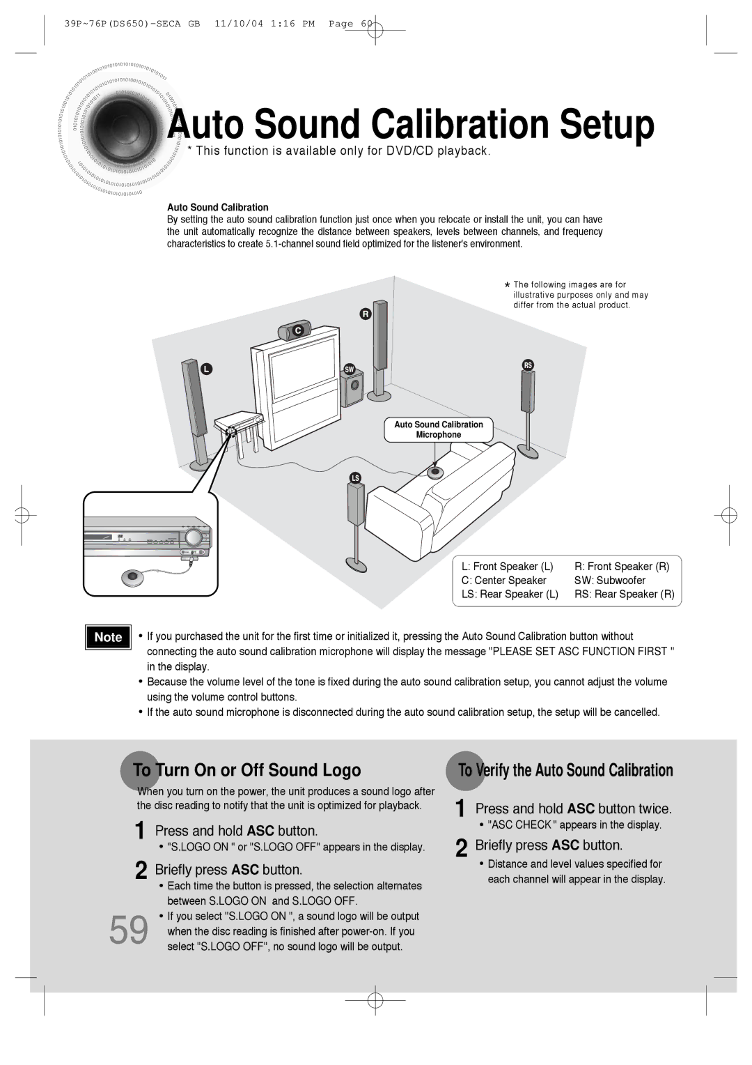 Samsung HT-DS650 instruction manual Auto Sound Calibration Setup, To Turn On or Off Sound Logo 