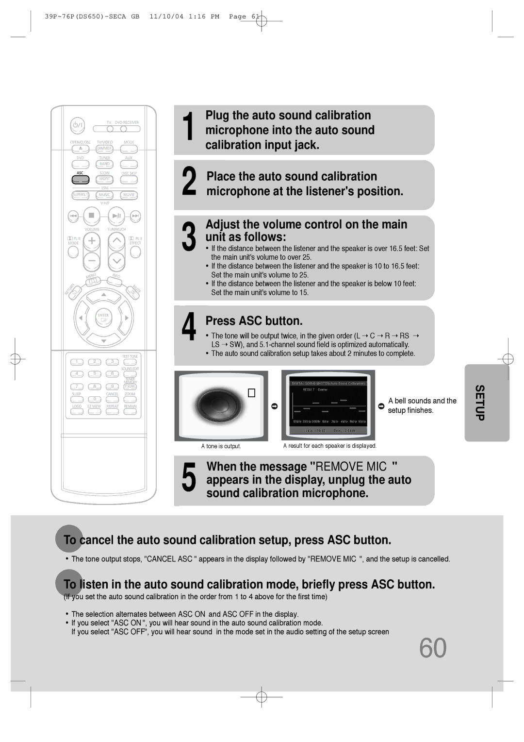 Samsung HT-DS650 instruction manual Adjust the volume control on the main Unit as follows, Press ASC button 