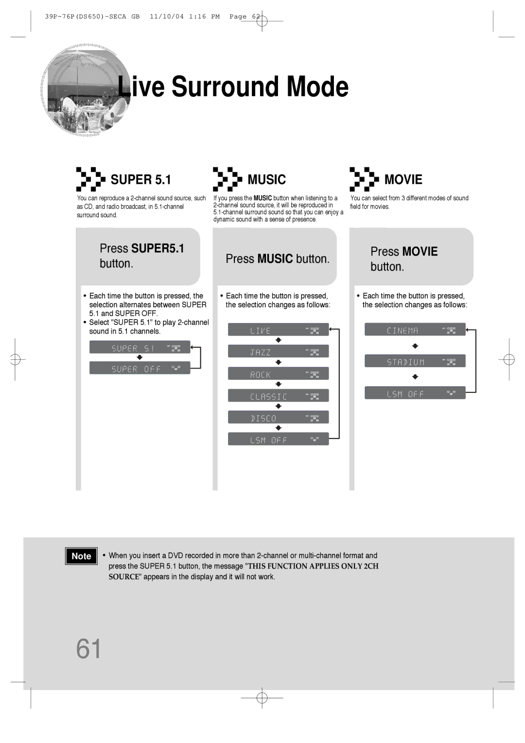 Samsung HT-DS650 instruction manual Live Surround Mode, Super, Press SUPER5.1 