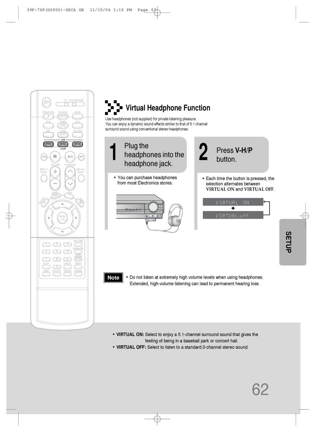 Samsung HT-DS650 instruction manual Virtual Headphone Function, Use headphones not supplied for private listening pleasure 