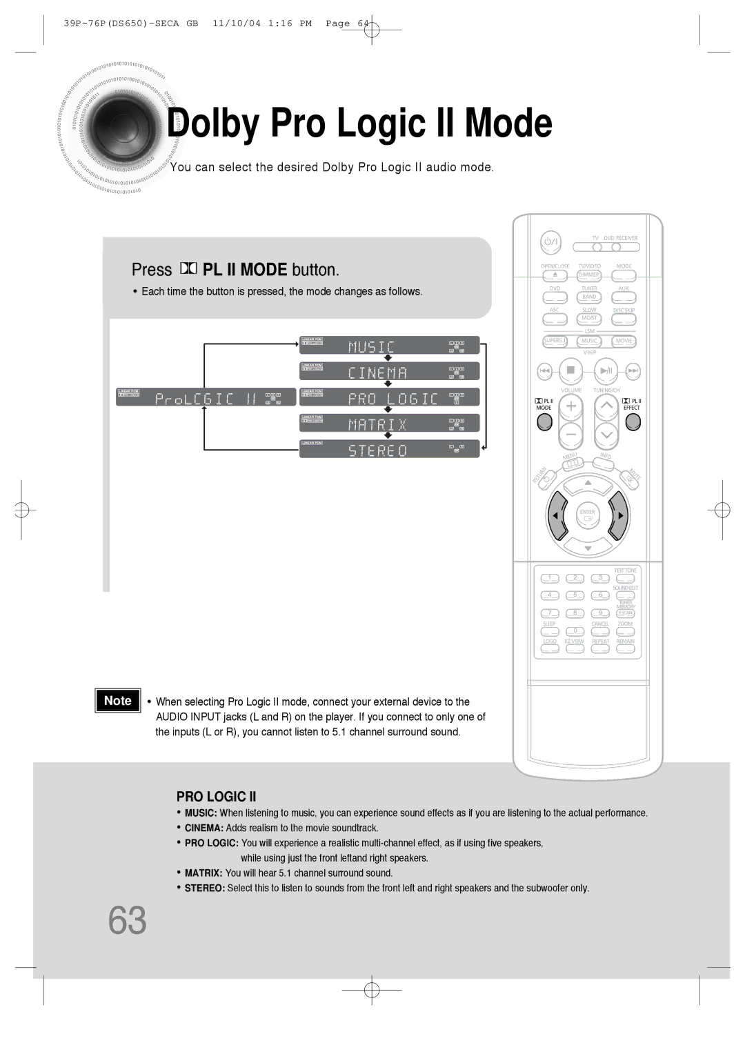 Samsung HT-DS650 instruction manual Dolby Pro Logic II Mode, Press PL II Mode button 