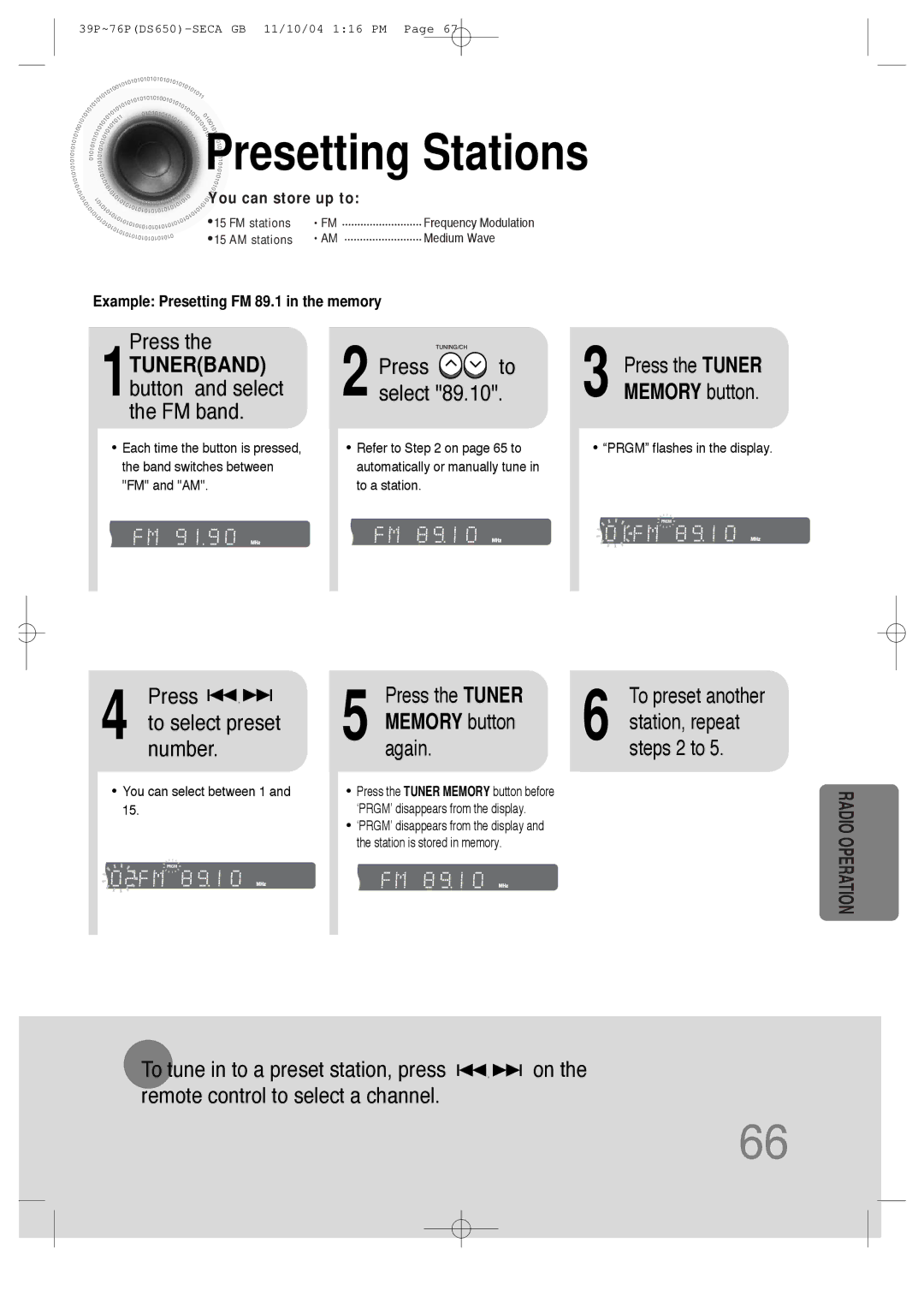 Samsung HT-DS650 instruction manual Presetting Stations, Example Presetting FM 89.1 in the memory 