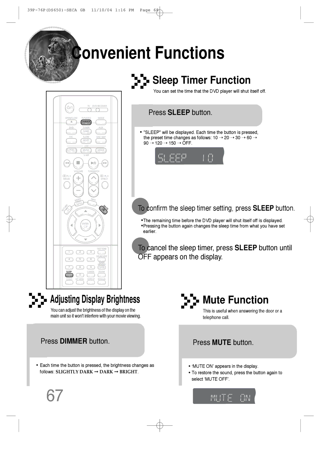 Samsung HT-DS650 Convenient Functions, Press Sleep button, To confirm the sleep timer setting, press Sleep button 