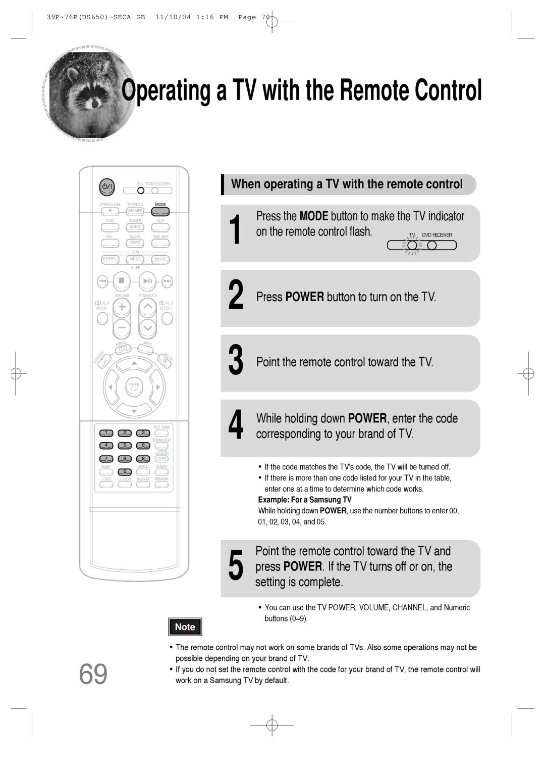 Samsung HT-DS650 instruction manual When operating a TV with the remote control, Corresponding to your brand of TV 