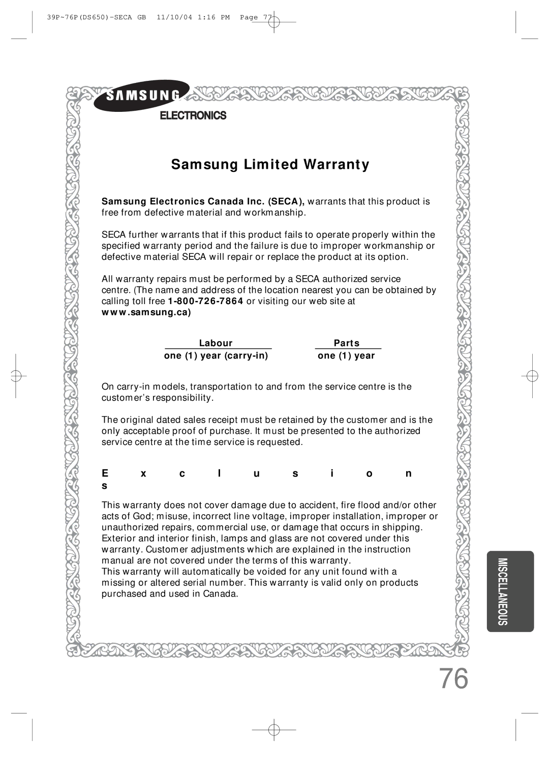 Samsung HT-DS650 instruction manual Samsung Limited Warranty 