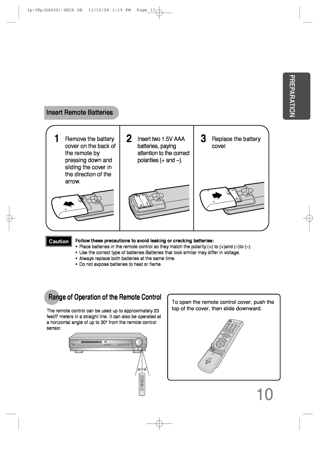 Samsung HT-DS650 instruction manual Insert Remote Batteries, Preparation, Range of Operation of the Remote Control 