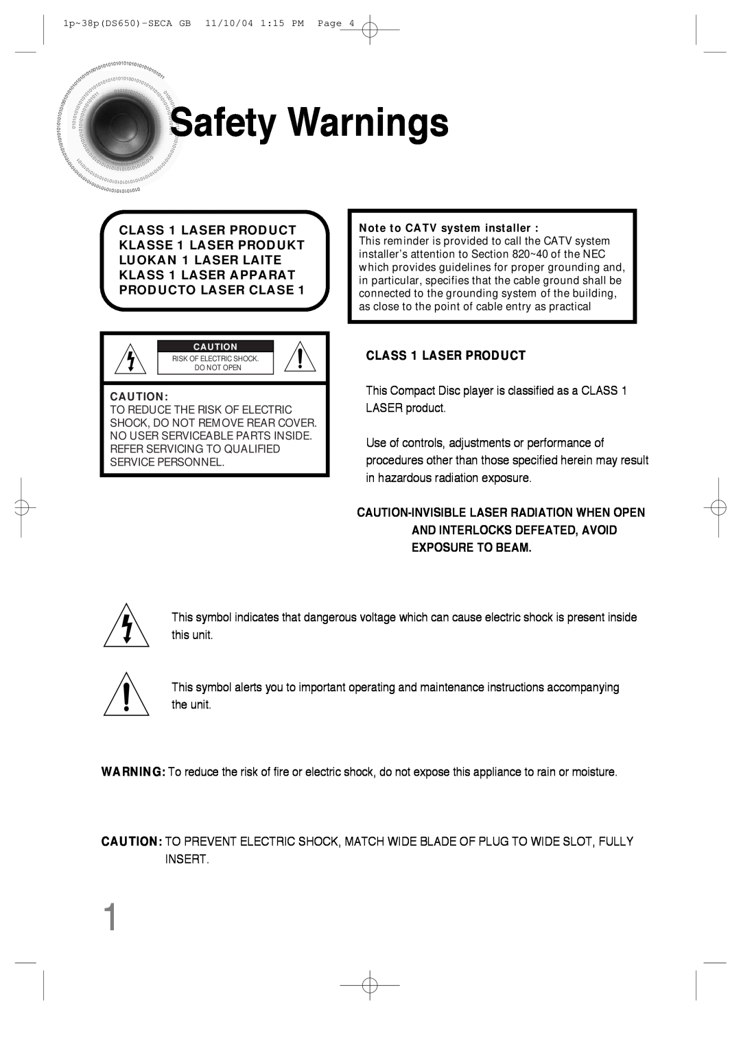 Samsung HT-DS650 instruction manual SafetyWarnings, CLASS 1 LASER PRODUCT 