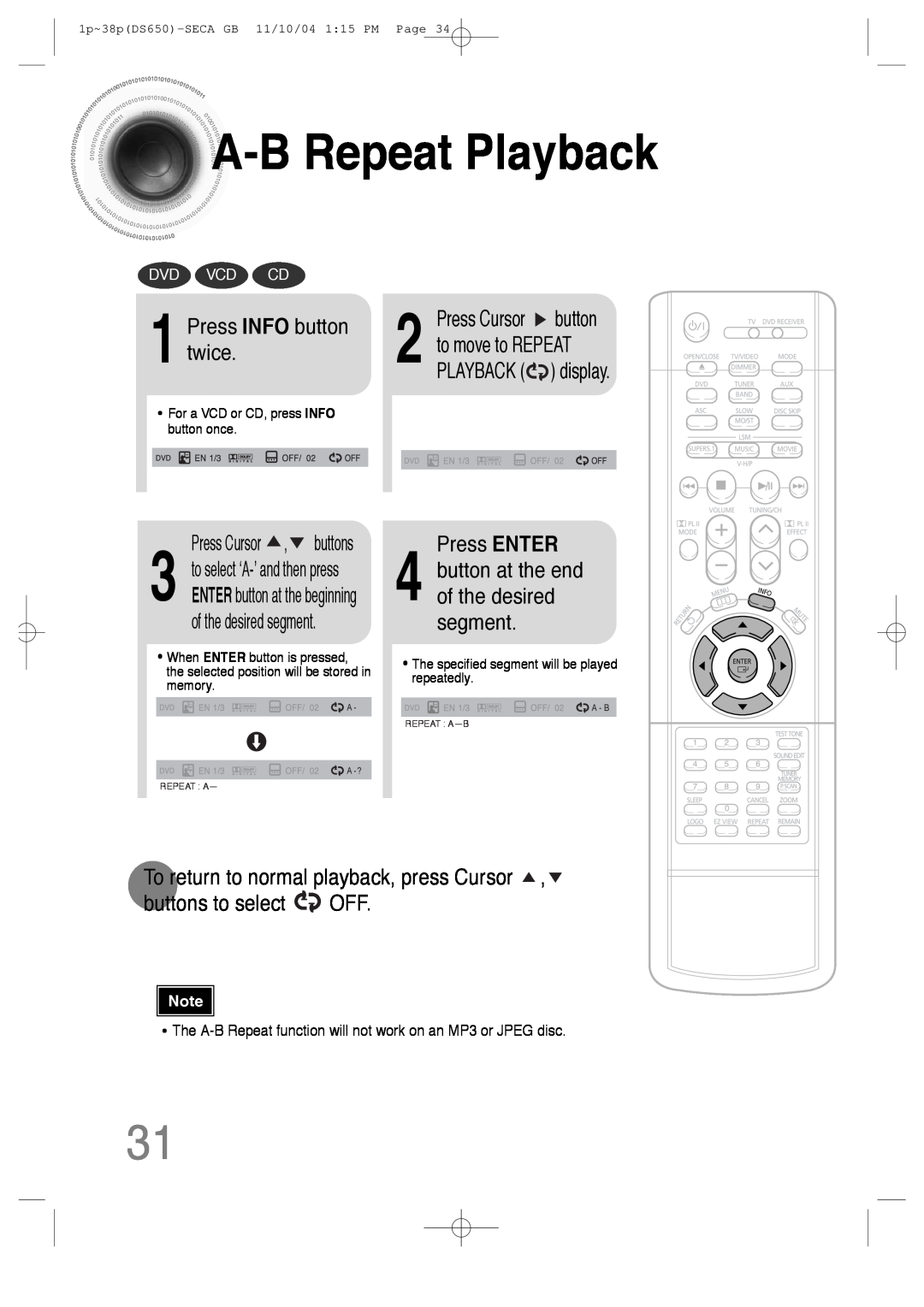 Samsung HT-DS650 A -BRepeat Playback, Press INFO button twice, Press ENTER, Press Cursor ,buttons, Dvd Vcd Cd 