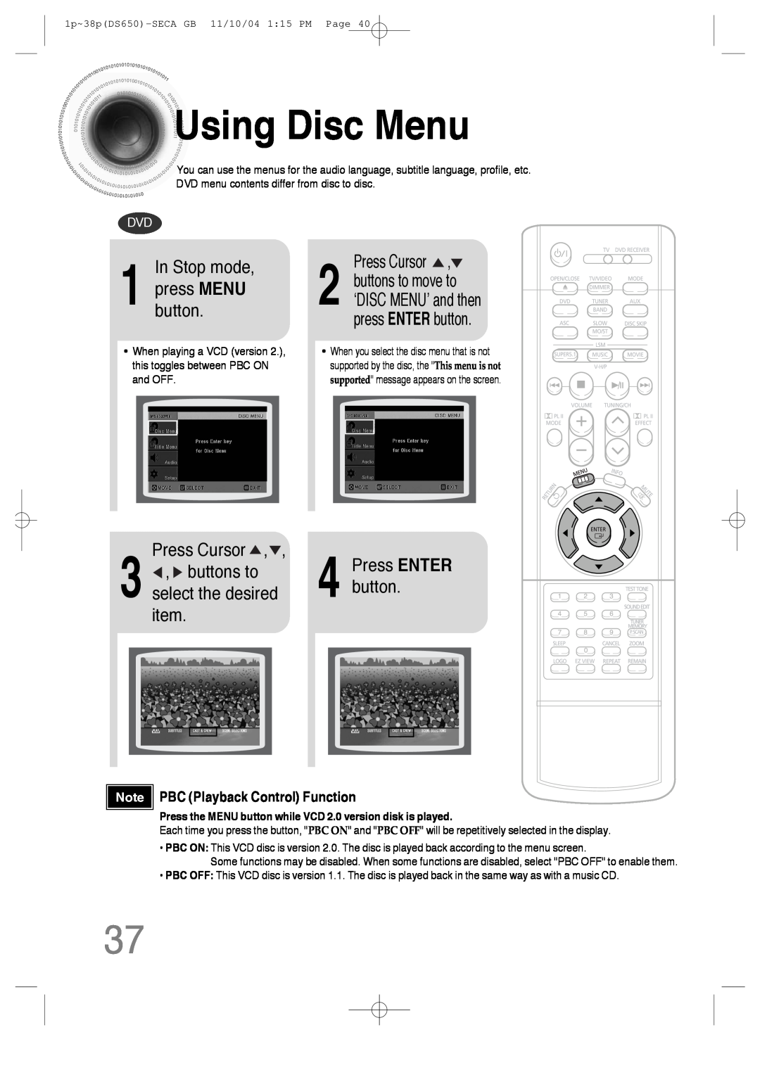 Samsung HT-DS650 instruction manual UsingDisc Menu, In Stop mode, buttons to, item, pressbutton.MENU, Press Cursor 