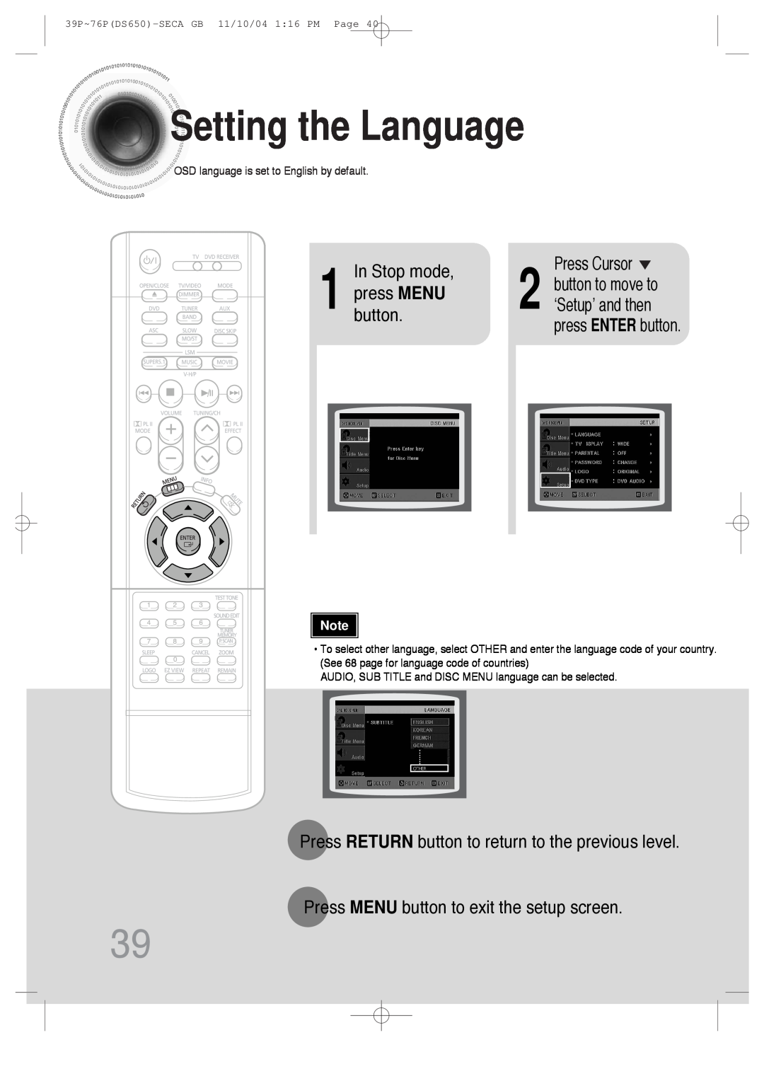 Samsung HT-DS650 instruction manual Stop mode, ‘Setup’ and then, Settingthe Language, Press Cursor 