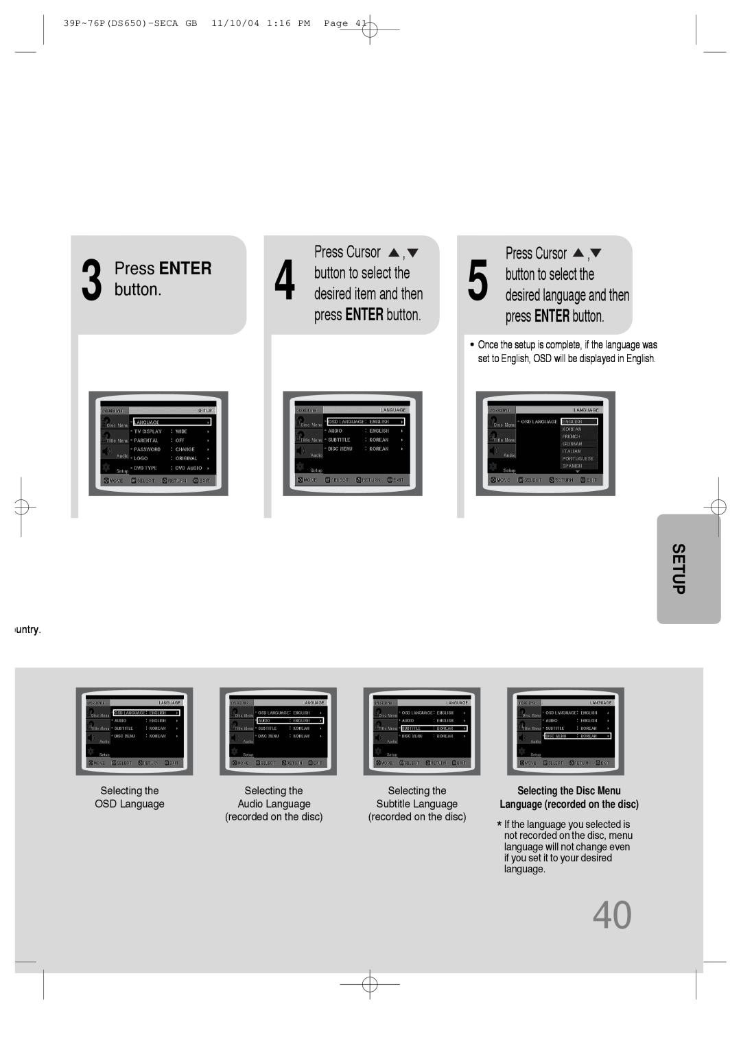 Samsung HT-DS650 instruction manual Press ENTER, Press Cursor, press ENTER button, Setup 