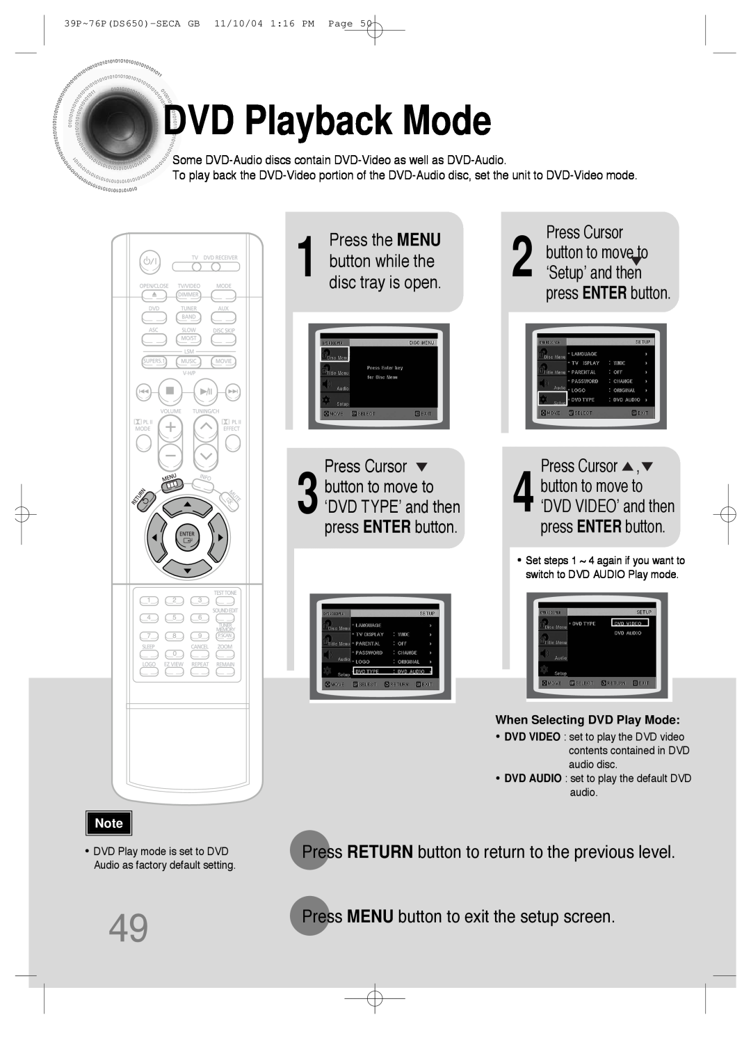Samsung HT-DS650 instruction manual DVDPlayback Mode, Press the MENU, Press Cursor, button while the disc tray is open 