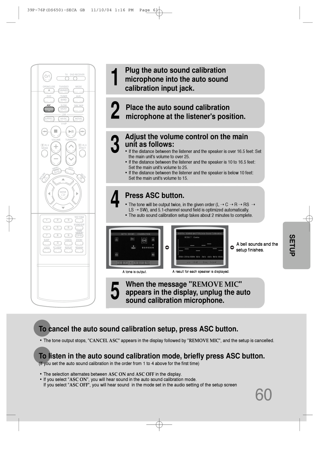 Samsung HT-DS650 instruction manual Adjust the volume control on the main, unit as follows, Press ASC button 
