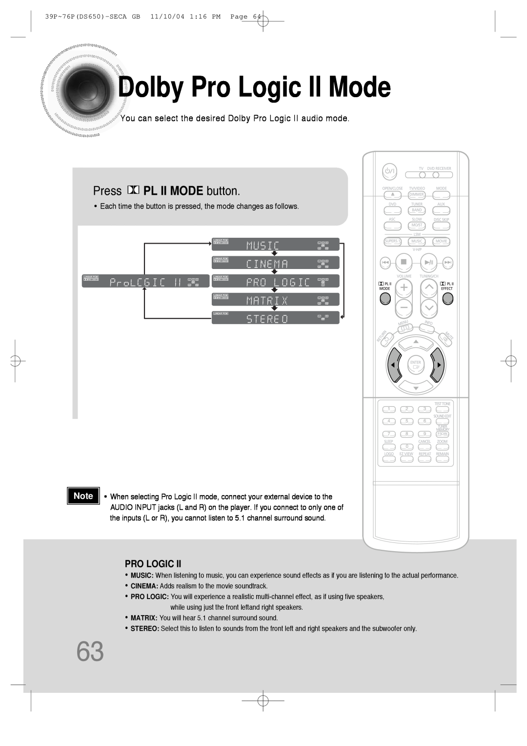 Samsung HT-DS650 instruction manual DolbyPro Logic II Mode, Press PL II MODE button 