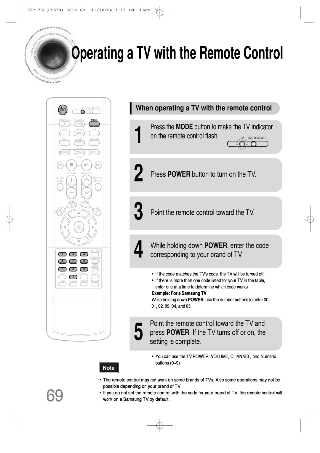 Samsung HT-DS650 instruction manual Operatinga TV with the Remote Control, When operating a TV with the remote control 