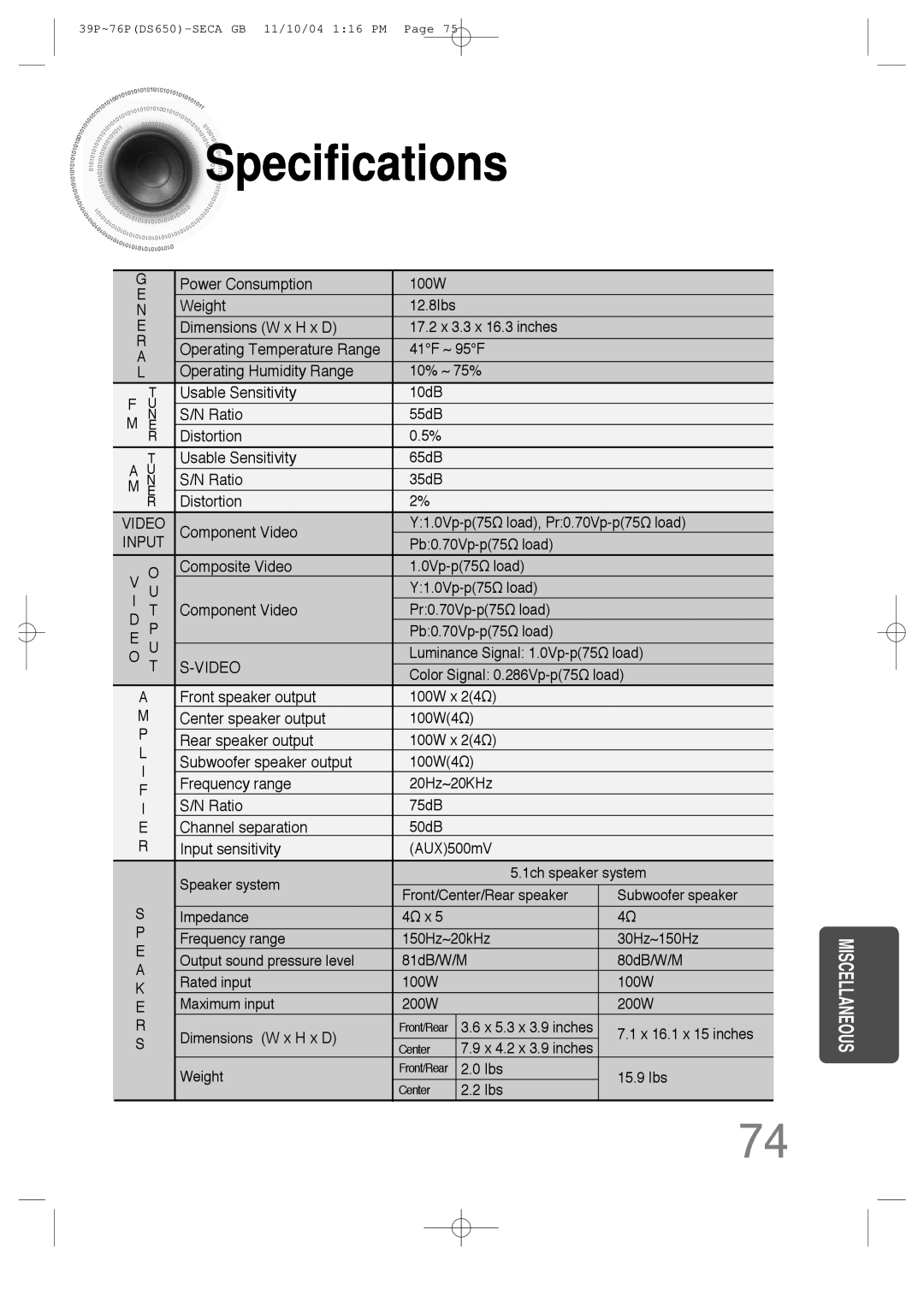 Samsung HT-DS650 instruction manual Specifications 