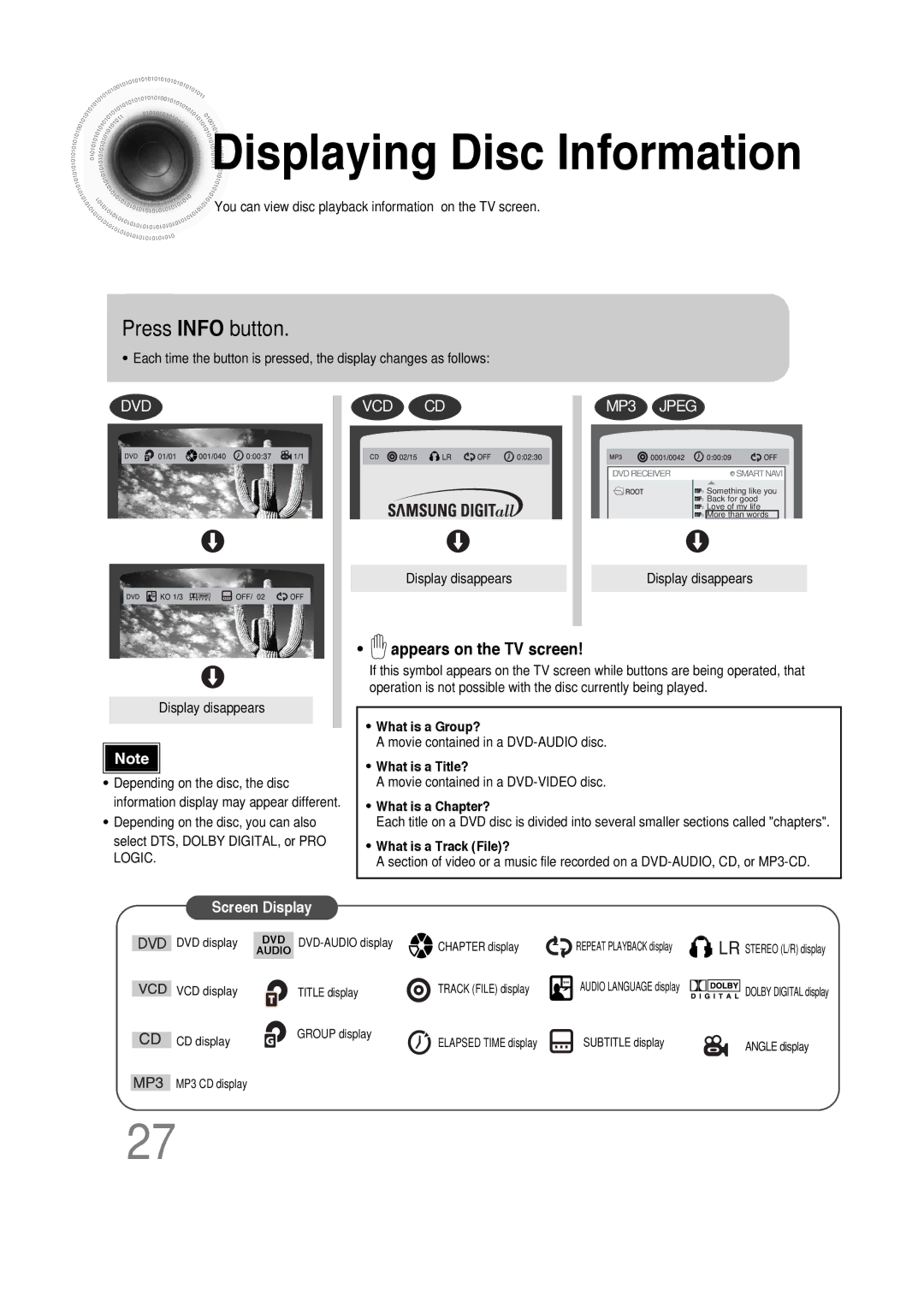 Samsung HT-DS660 instruction manual Displaying Disc Information, Press Info button 