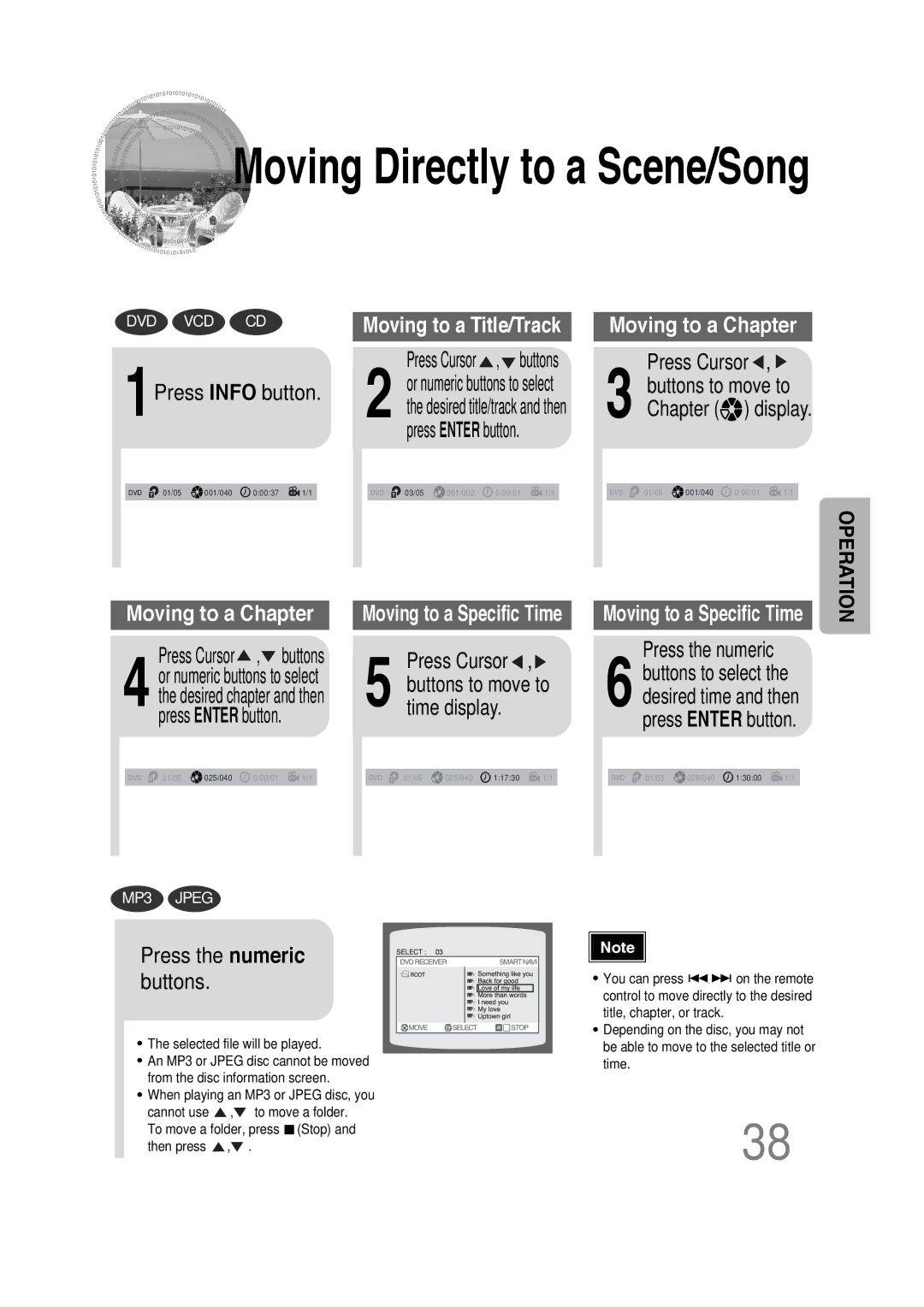 Samsung HT-DS660 1Press Info button, Press Cursor , buttons, Time display, Chapter display, Press the numeric 