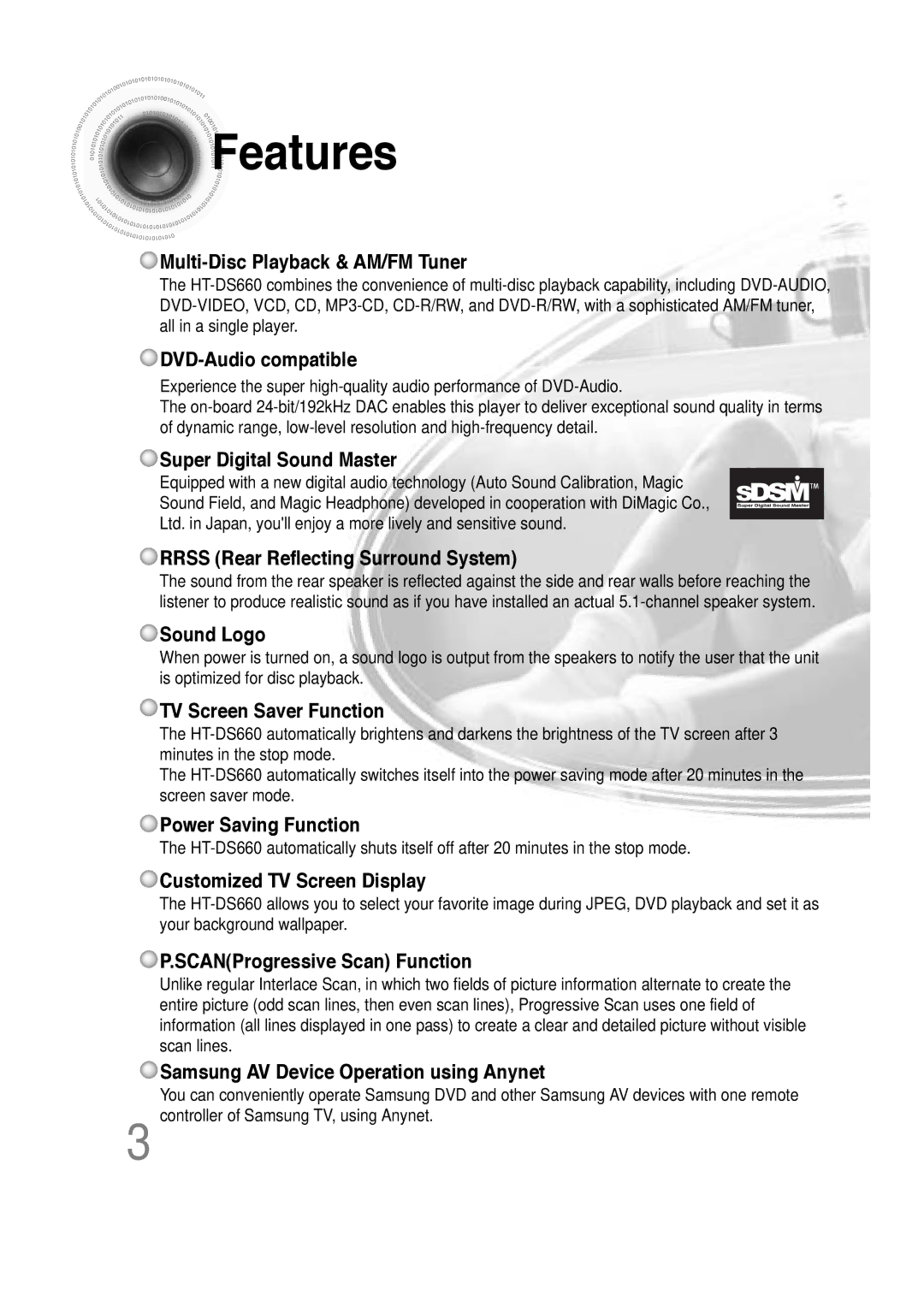 Samsung HT-DS660 instruction manual Features, Multi-Disc Playback & AM/FM Tuner 