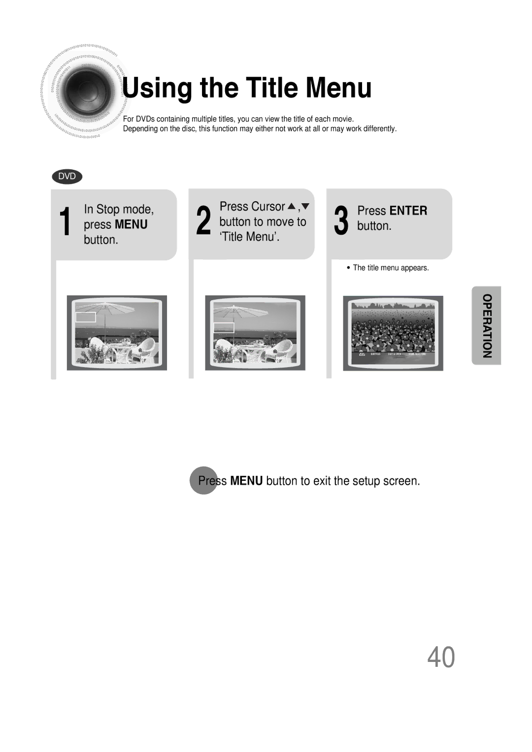 Samsung HT-DS660 Using the Title Menu, Button to move to ‘Title Menu’, Press Menu button to exit the setup screen 