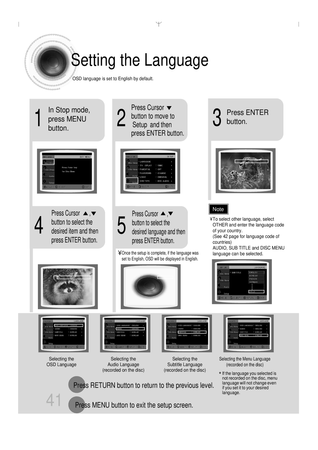 Samsung HT-DS660 Setting the Language, Stop mode Press Cursor, Press Return button to return to the previous level 