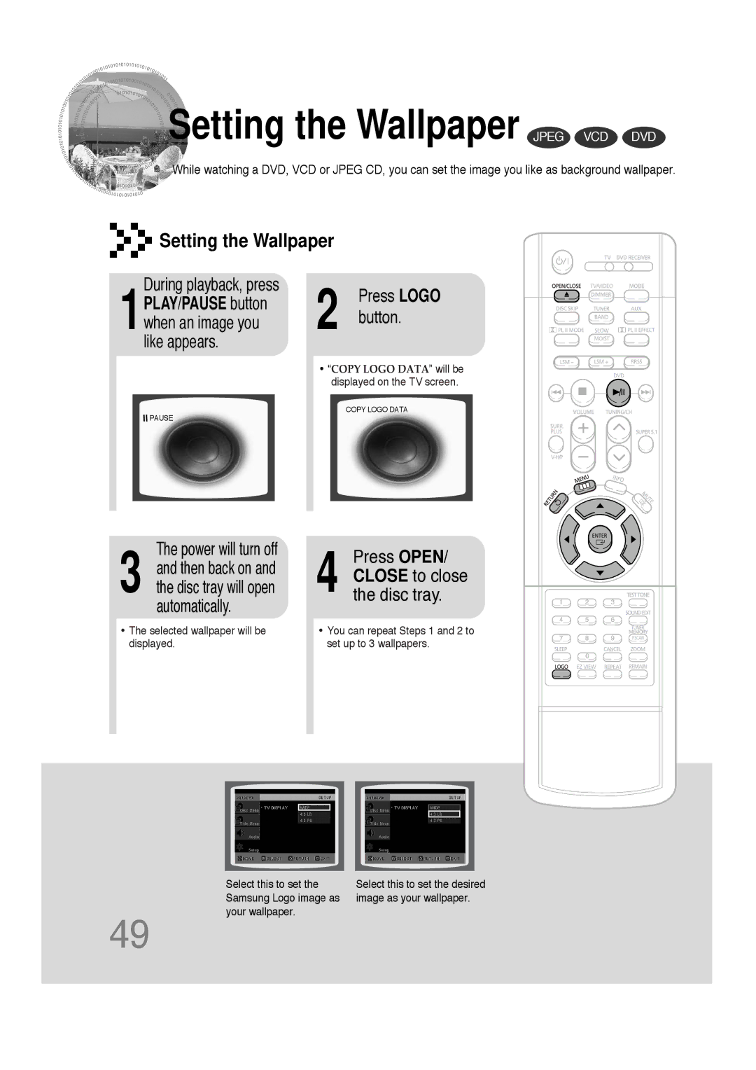 Samsung HT-DS660 instruction manual Setting the Wallpaper Jpeg VCD DVD, During playback, press 