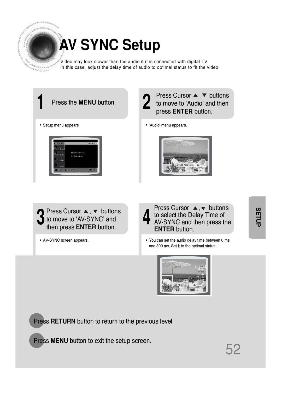 Samsung HT-DS660 instruction manual AV Sync Setup, Press the Menu button Press Cursor , buttons 