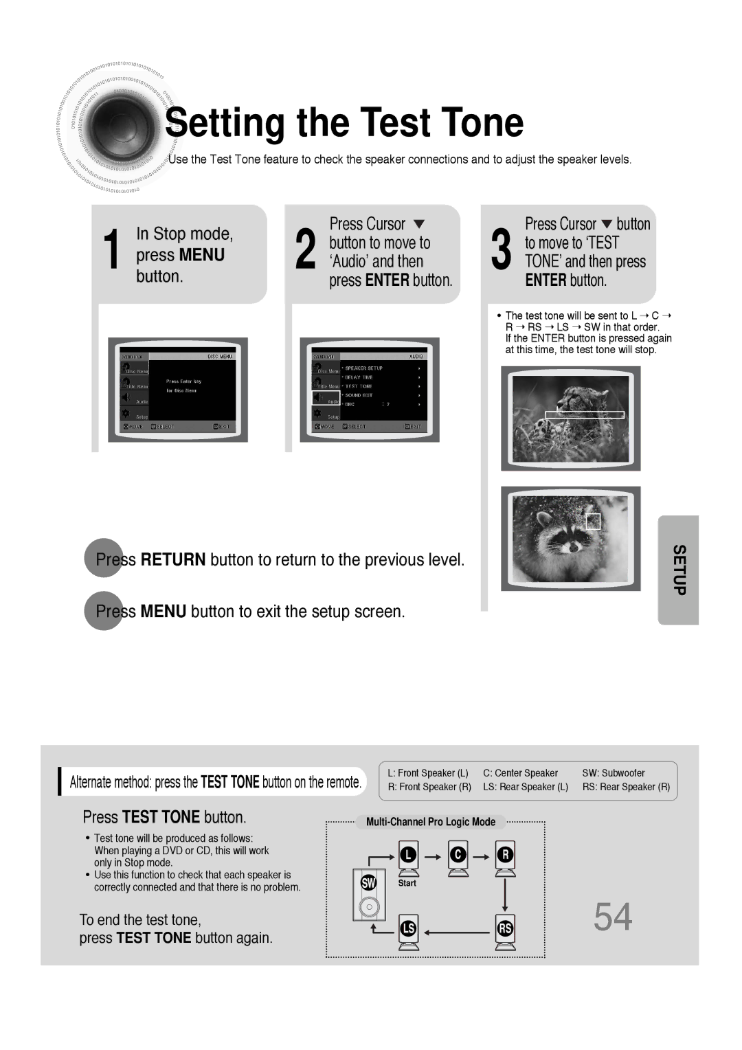 Samsung HT-DS660 instruction manual Setting the Test Tone, Press Menu ‘Audio’ and then, Press Test Tone button 