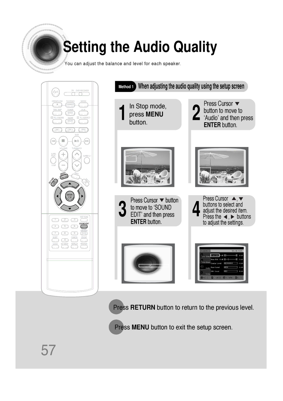 Samsung HT-DS660 instruction manual Setting the Audio Quality, Stop mode Press Cursor 