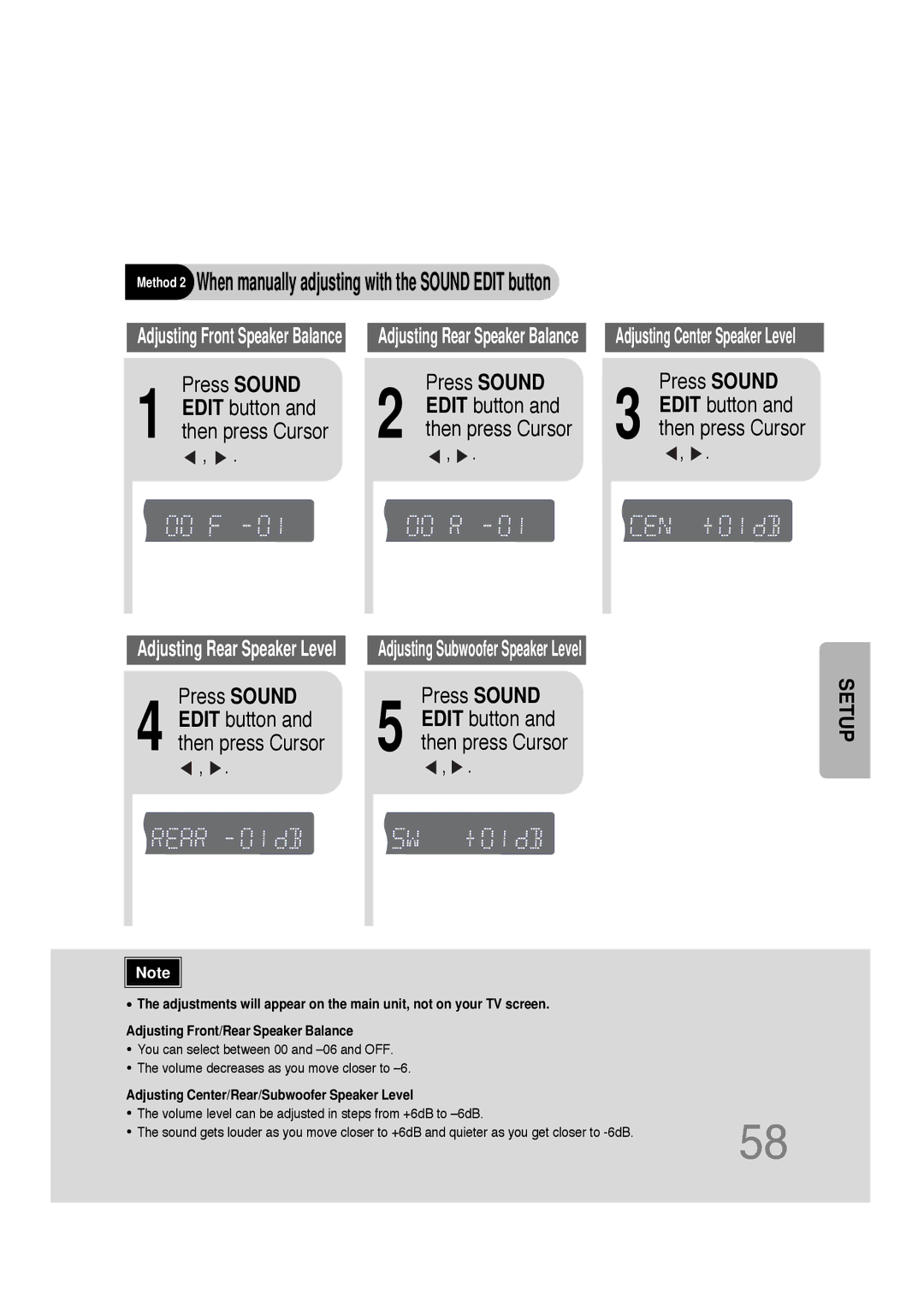 Samsung HT-DS660 instruction manual Method 2 When manually adjusting with the Sound Edit button, Press Sound 