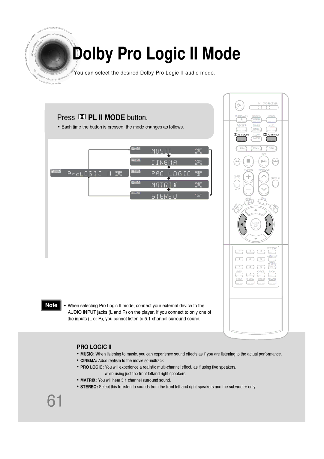 Samsung HT-DS660 instruction manual Dolby Pro Logic II Mode, Press PL II Mode button 