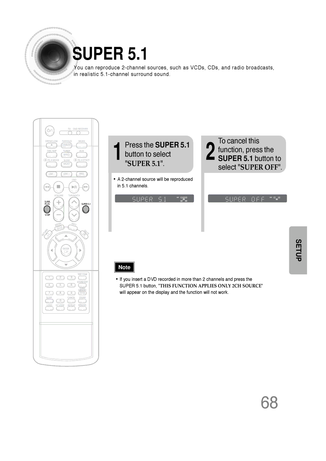 Samsung HT-DS660 instruction manual 1Press the Super 5.1 button to select Super To cancel this 