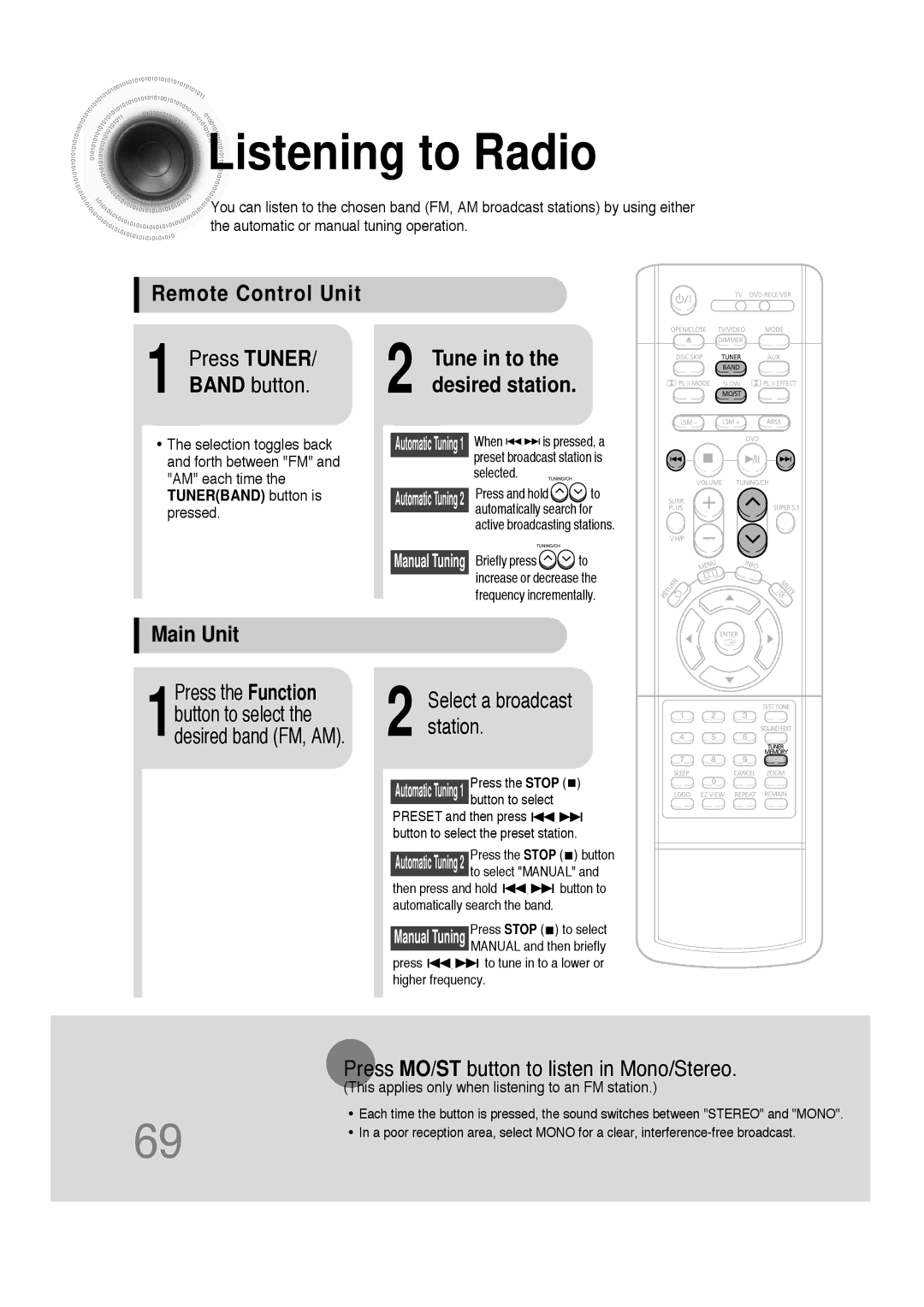 Samsung HT-DS660 instruction manual Listening to Radio, Remote Control Unit Press Tuner, Band button, Main Unit 